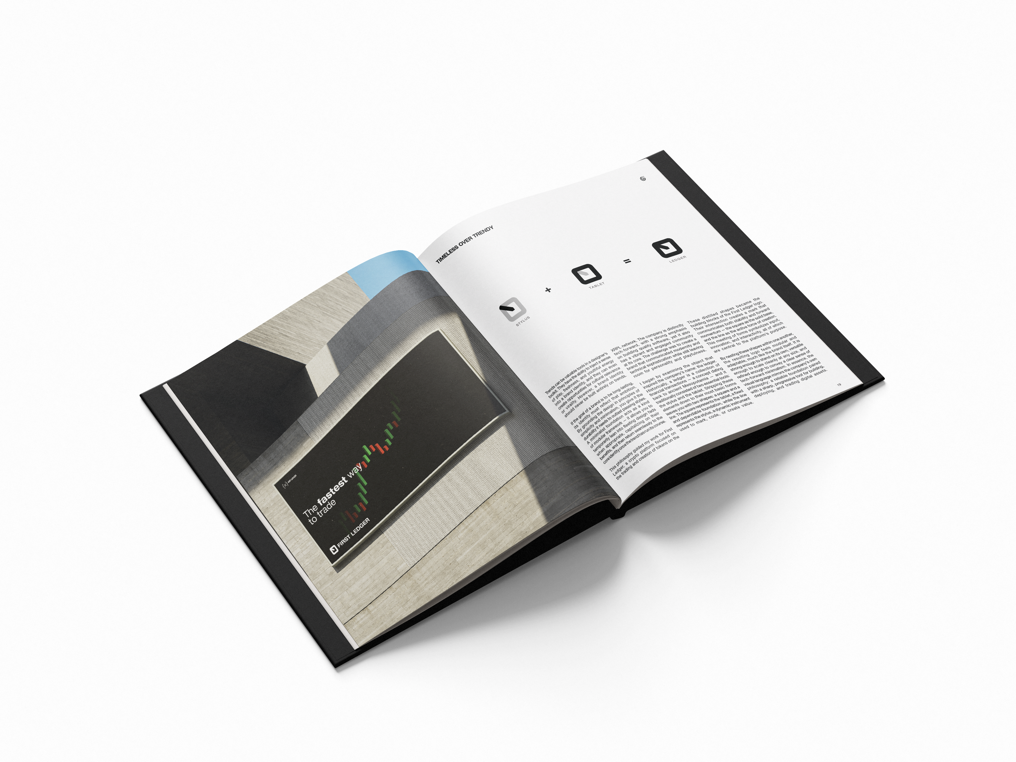 Studio Gridform book — Timeless Over Trendy spread featuring First Ledger
