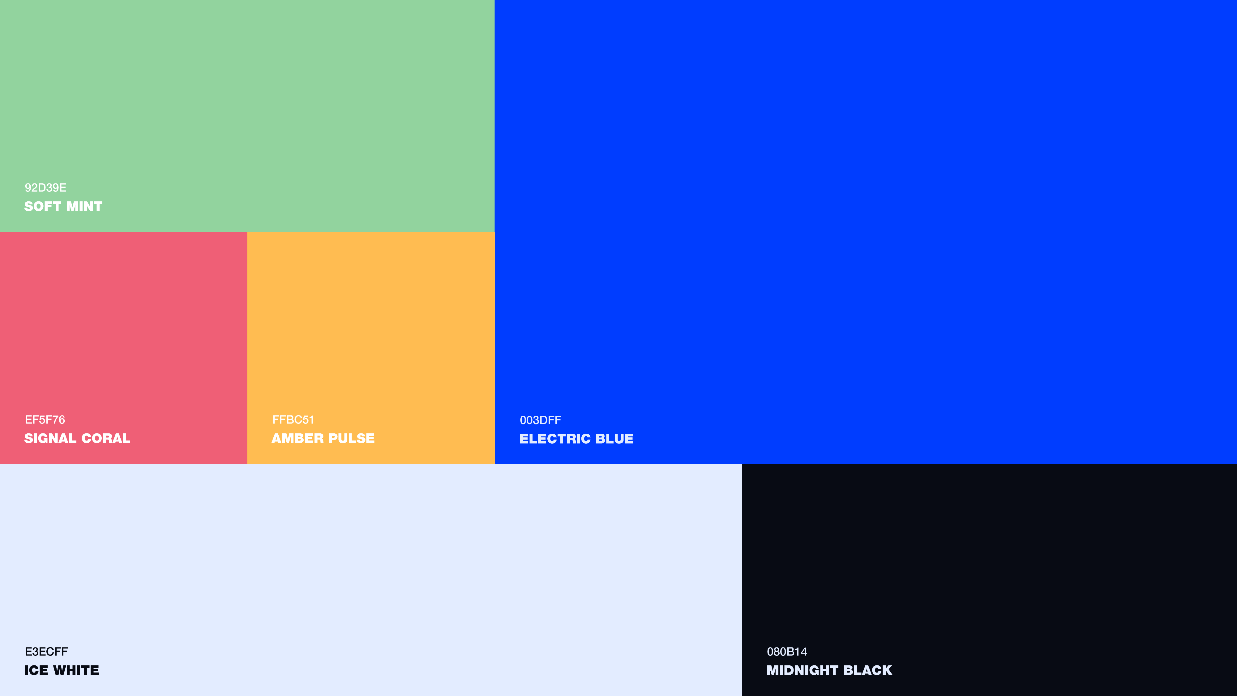Color system — Electric Blue, Soft Mint, Signal Coral, Amber Pulse