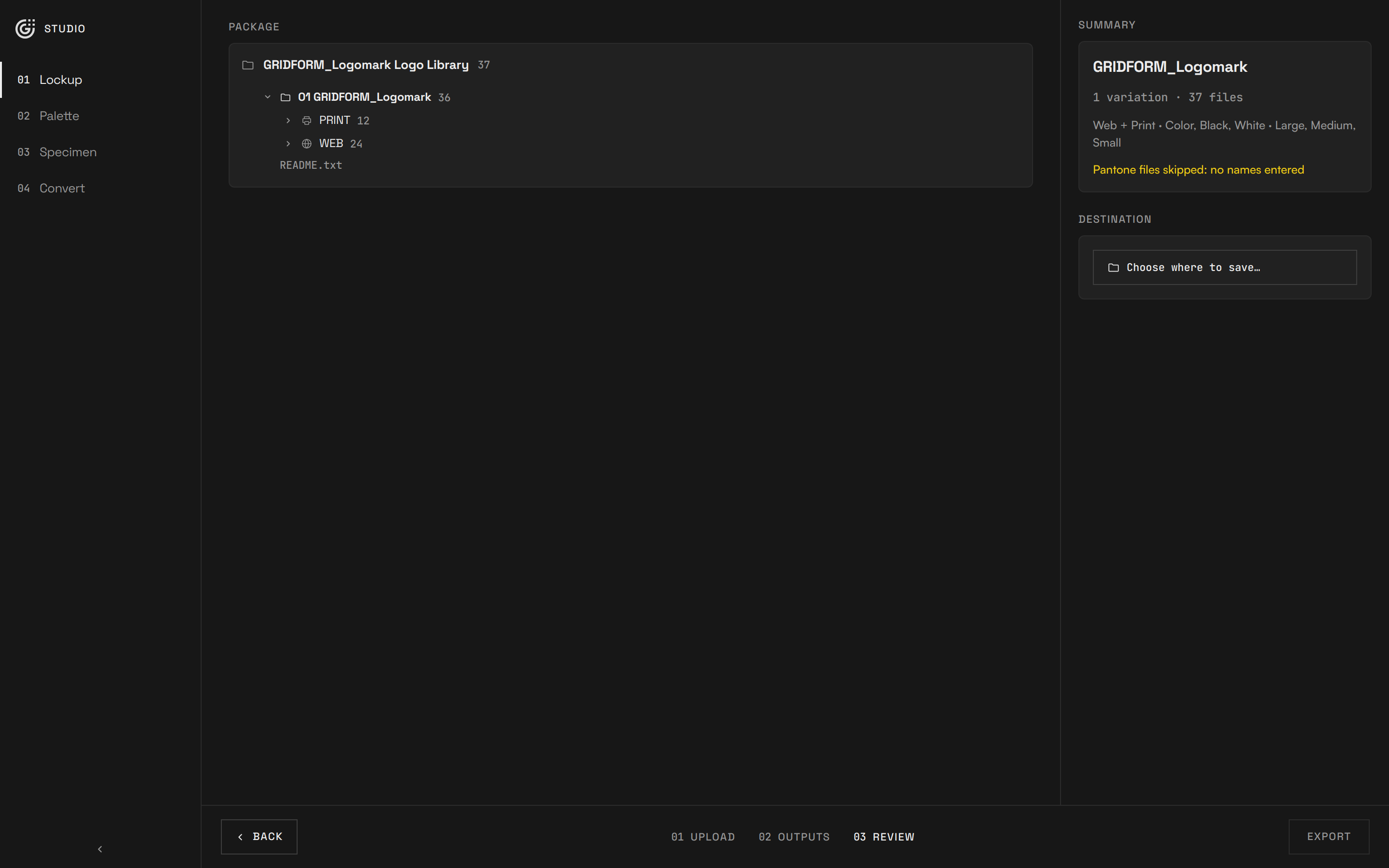 GRIDFORM Studio Lockup export review: the GRIDFORM logomark deliverable folder tree before export