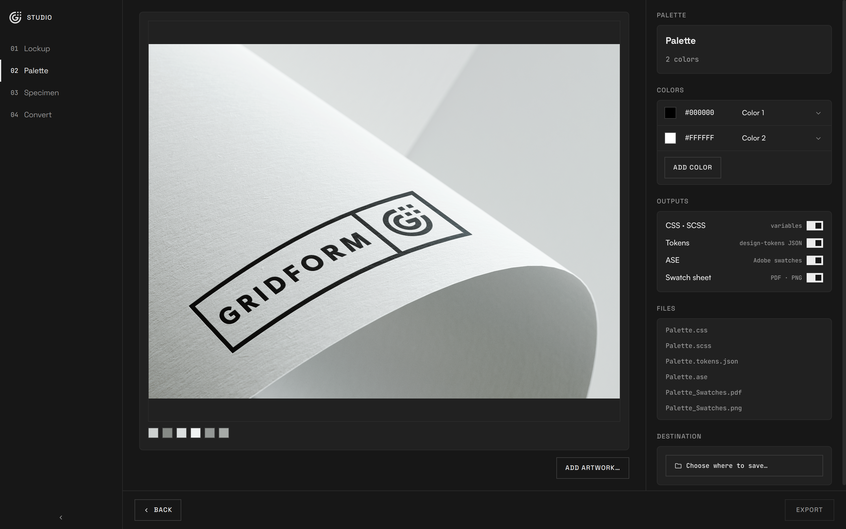 GRIDFORM Studio Palette tool: GRIDFORM print artwork with clustered color suggestions and token export formats