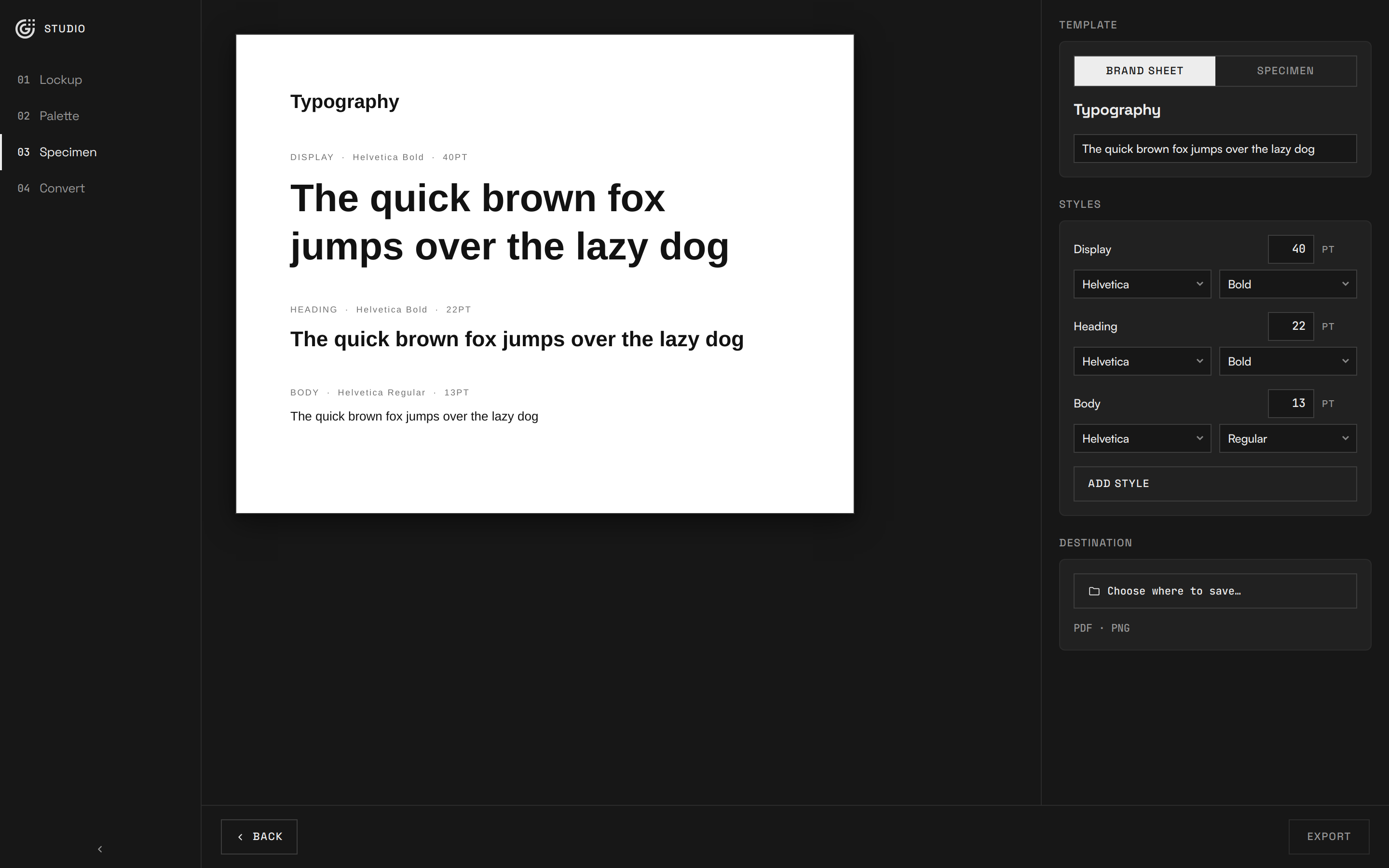 GRIDFORM Studio Specimen tool: brand typography sheet with live display, heading, and body styles
