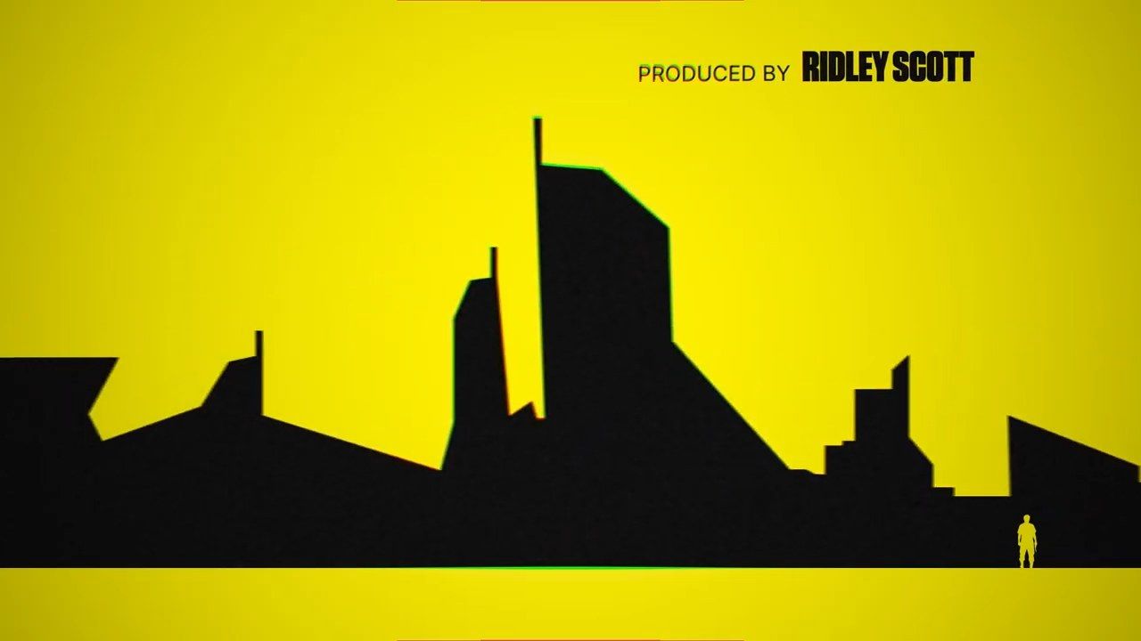Do Androids Dream title sequence, act two: a black city skyline against yellow with a lone figure at right, edges fringed by chromatic aberration