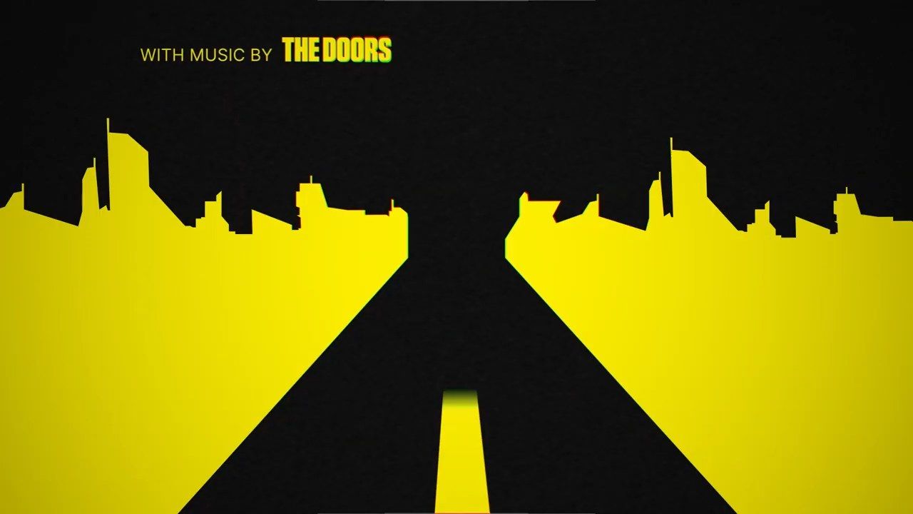 Do Androids Dream title sequence, act three: the perspective breaks and a black road converges between yellow city blocks