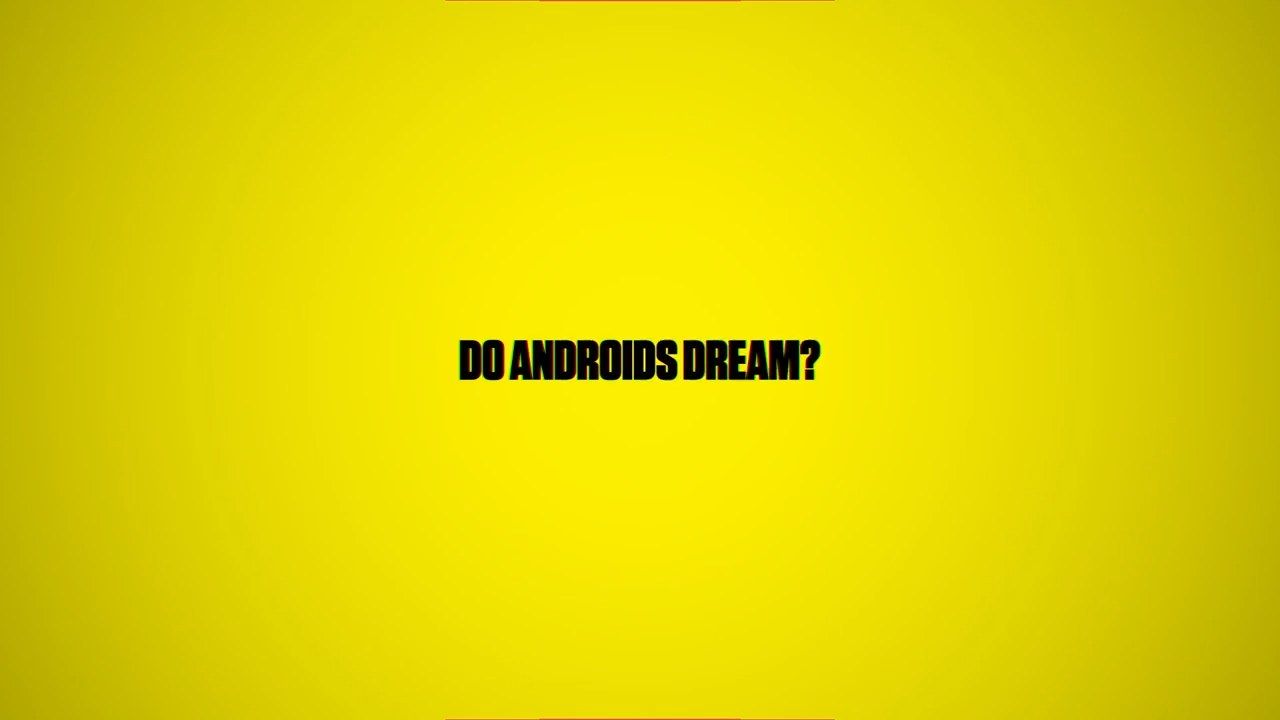 Do Androids Dream title sequence, act one: the title in heavy black type on a flat yellow field