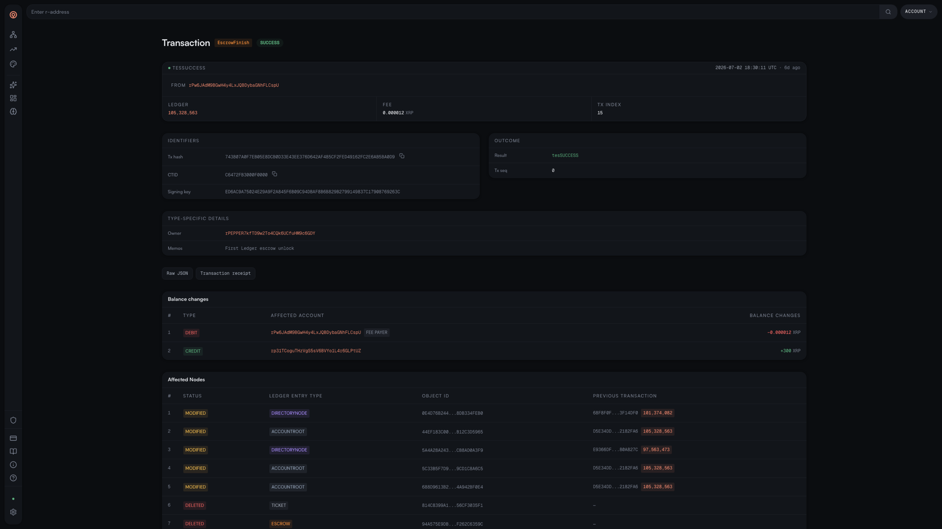 Sonde transaction detail — identifiers, outcome, balance changes, and affected ledger nodes
