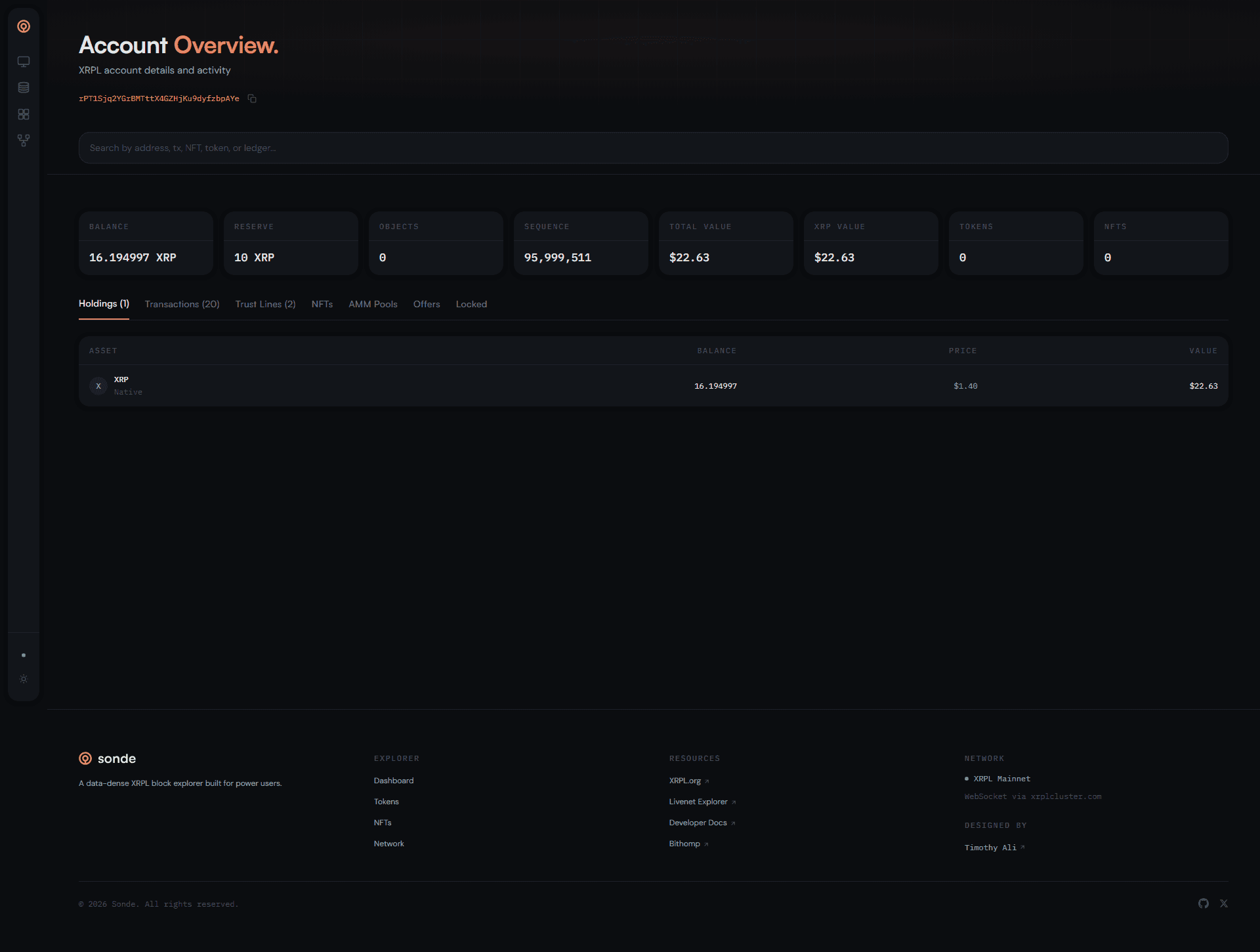 Account explorer — balance, holdings, and transaction history with tabbed navigation