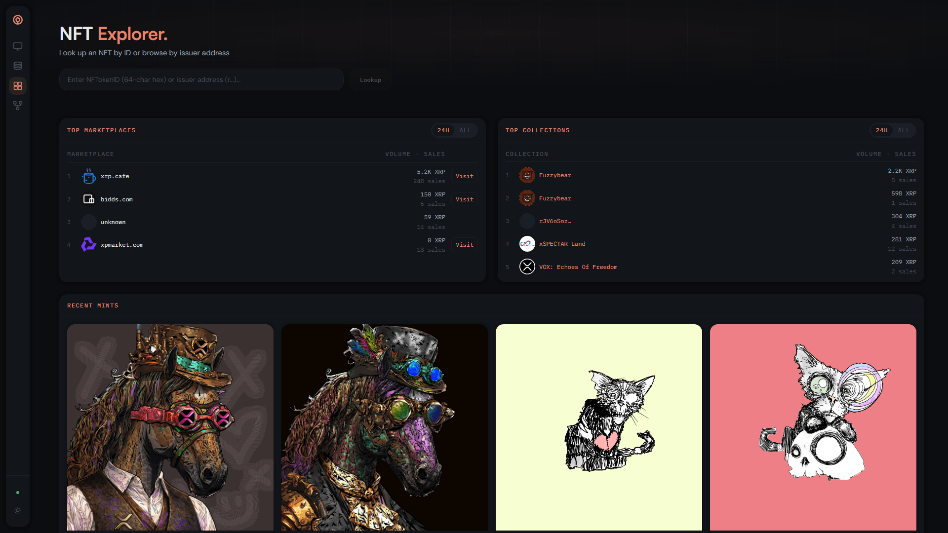 NFT explorer — top marketplaces, collections, and recent mints with image previews