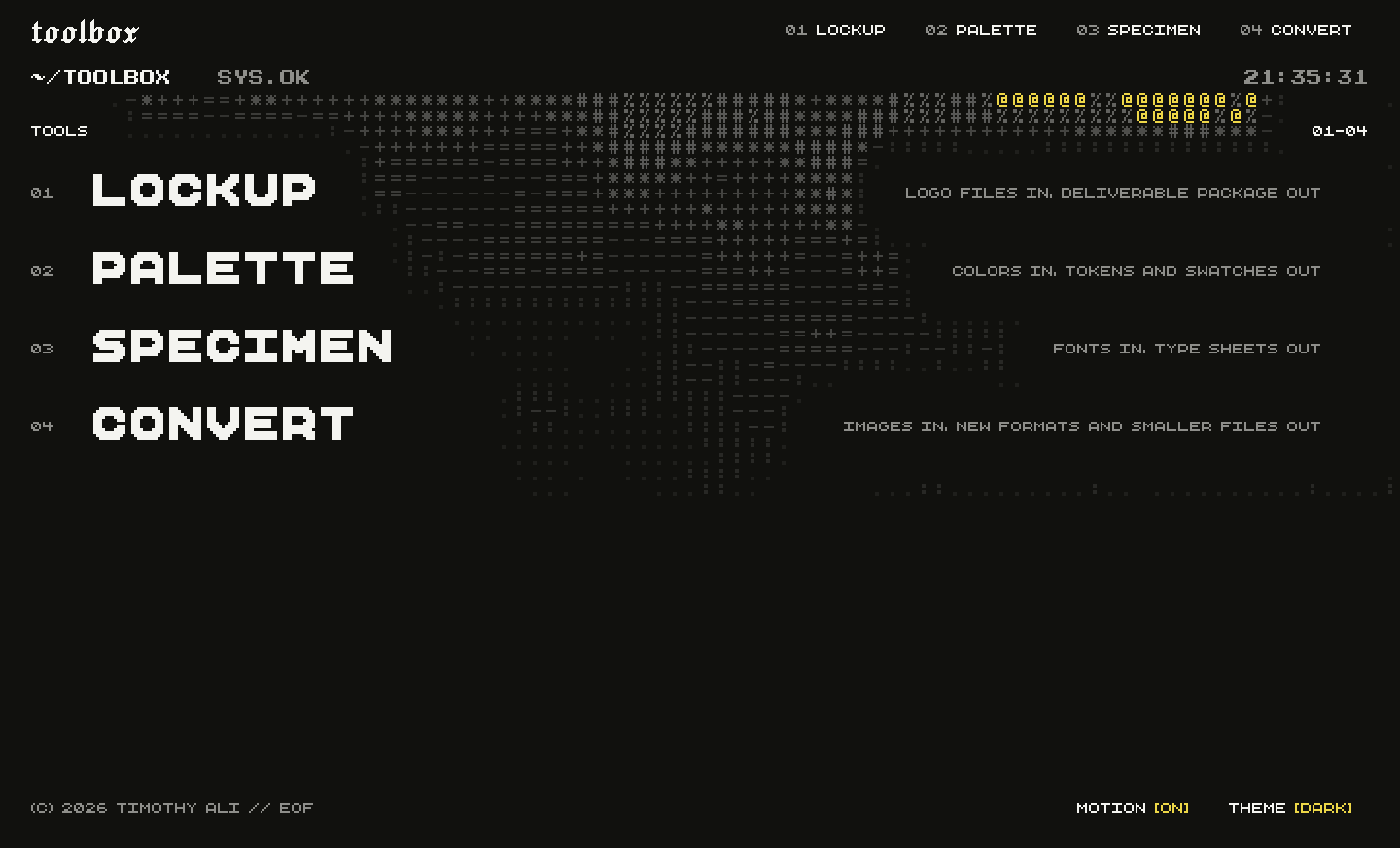 Toolbox on launch: the four tools, Lockup, Palette, Specimen and Convert, listed as a numbered index over a pixel sky.
