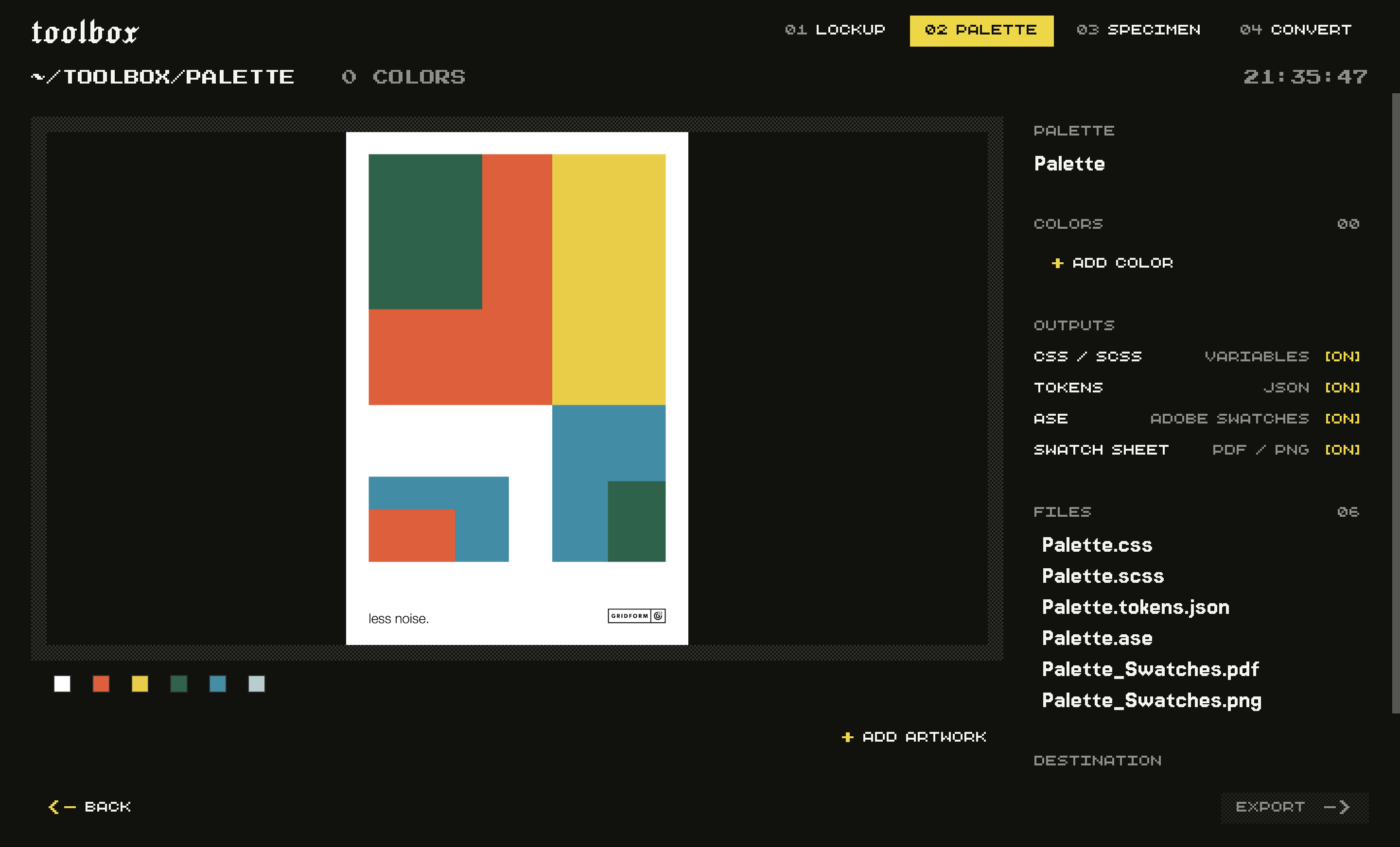 Toolbox in the Palette tool: a poster filling the canvas, its colors sampled into a row of swatches, with the output files listed in the right rail.