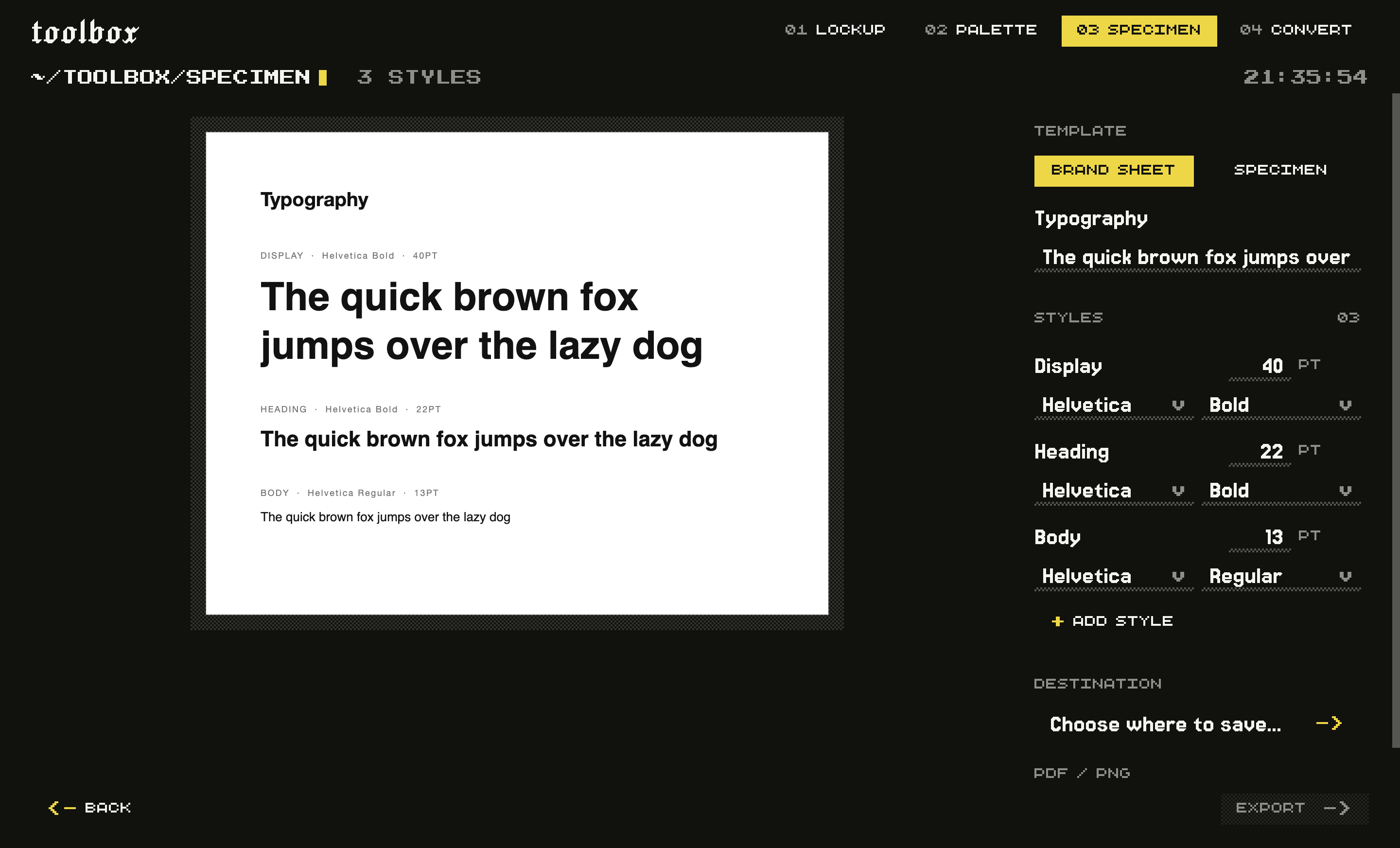 Toolbox in the Specimen tool: a live type sheet preview beside the display, heading and body styles.