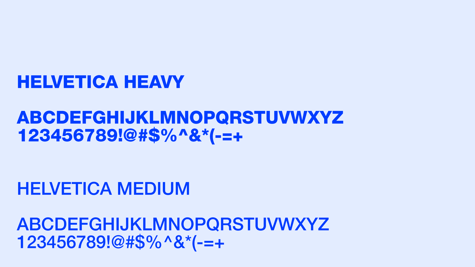 The type system: the Helvetica Heavy and Helvetica Medium alphabets and numerals in blue