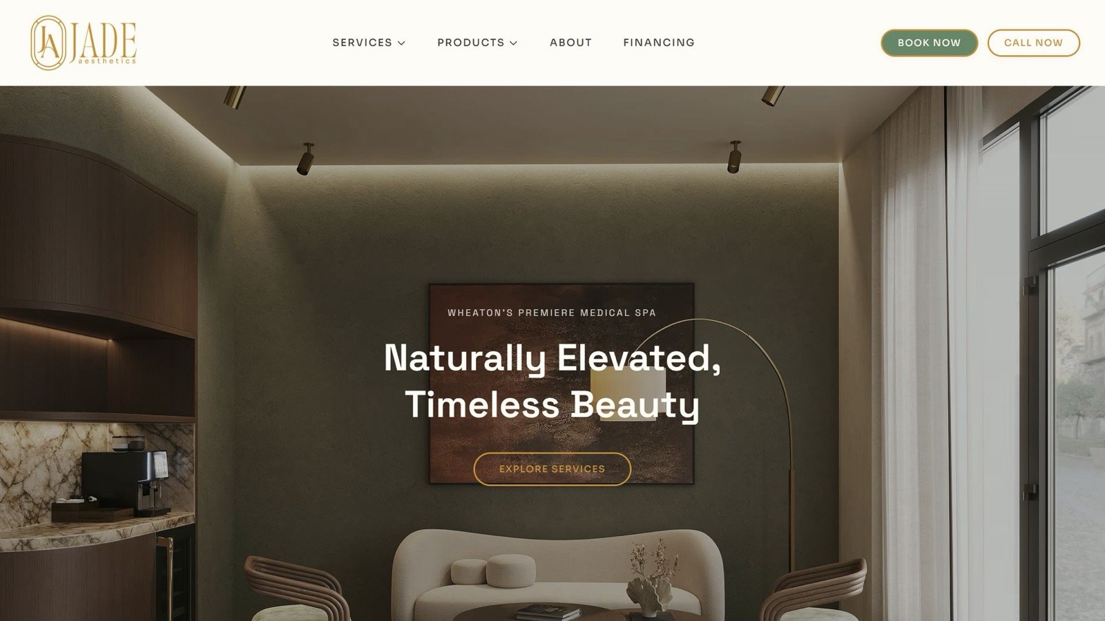 The Jade Aesthetics homepage: Naturally Elevated, Timeless Beauty over a photograph of the treatment lounge