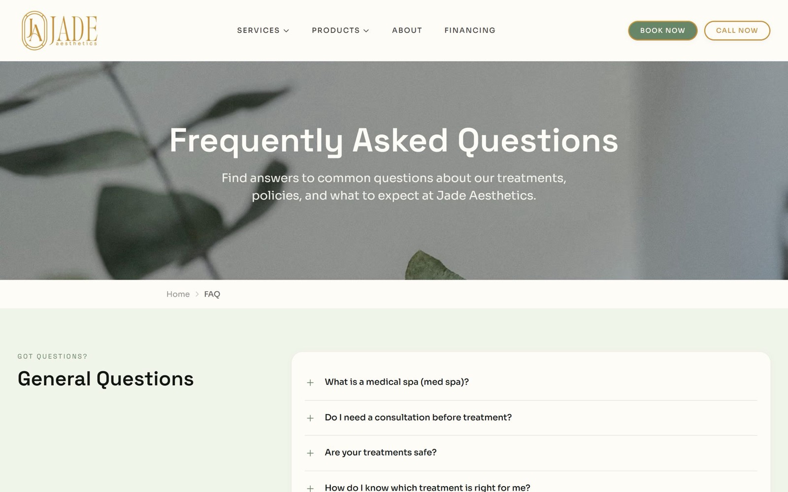 The FAQ page: Frequently Asked Questions over eucalyptus, with the General Questions accordion below