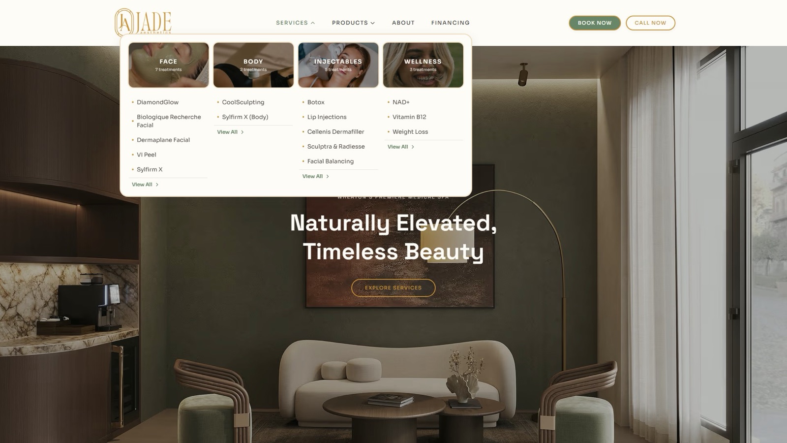The services menu open over the homepage: Face, Body, Injectables, and Wellness with their treatment counts
