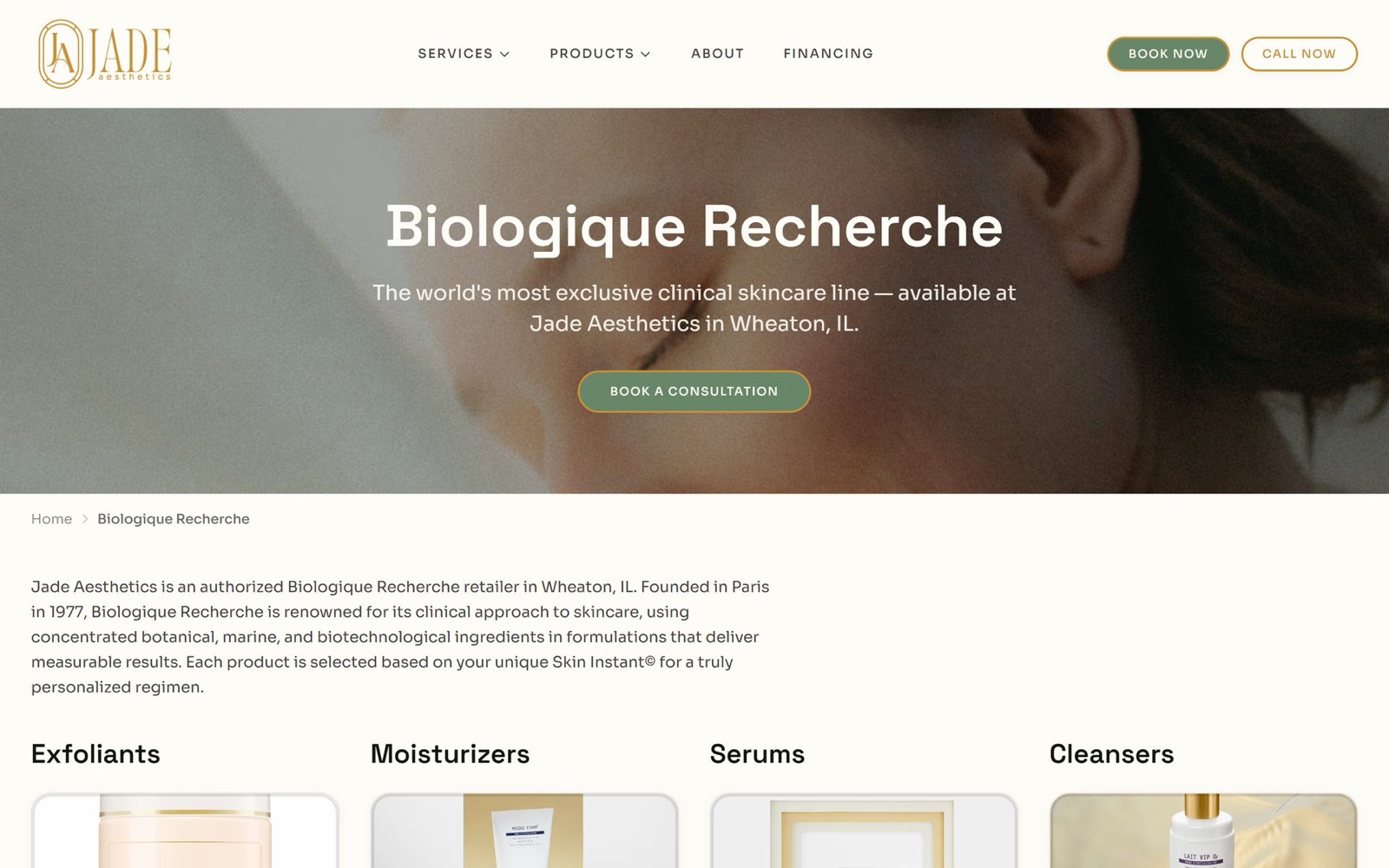 The Biologique Recherche product page: the brand story and a row of exfoliants, moisturizers, serums, and cleansers