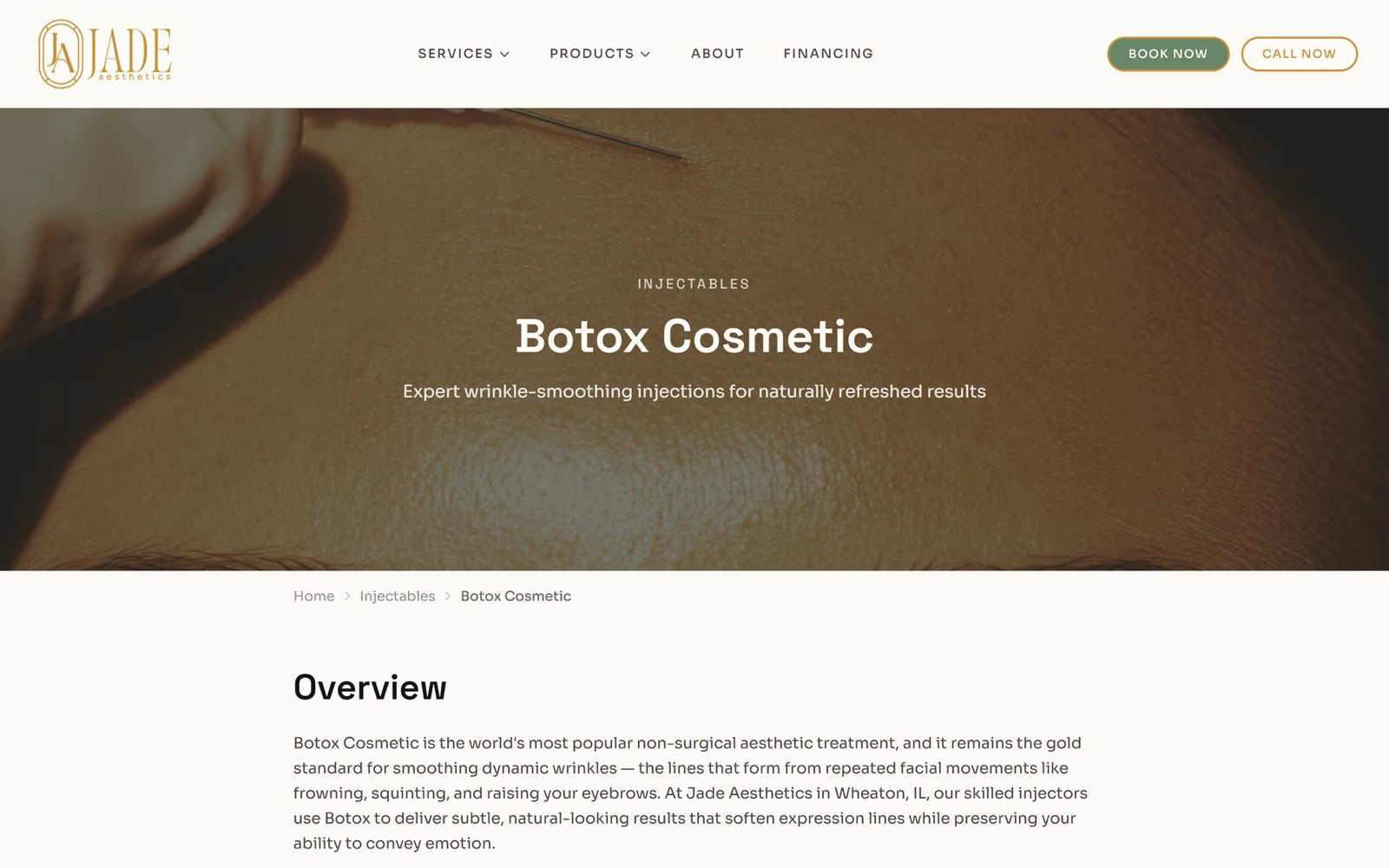 The Botox Cosmetic treatment page: the injectables eyebrow, the headline, and the Overview section