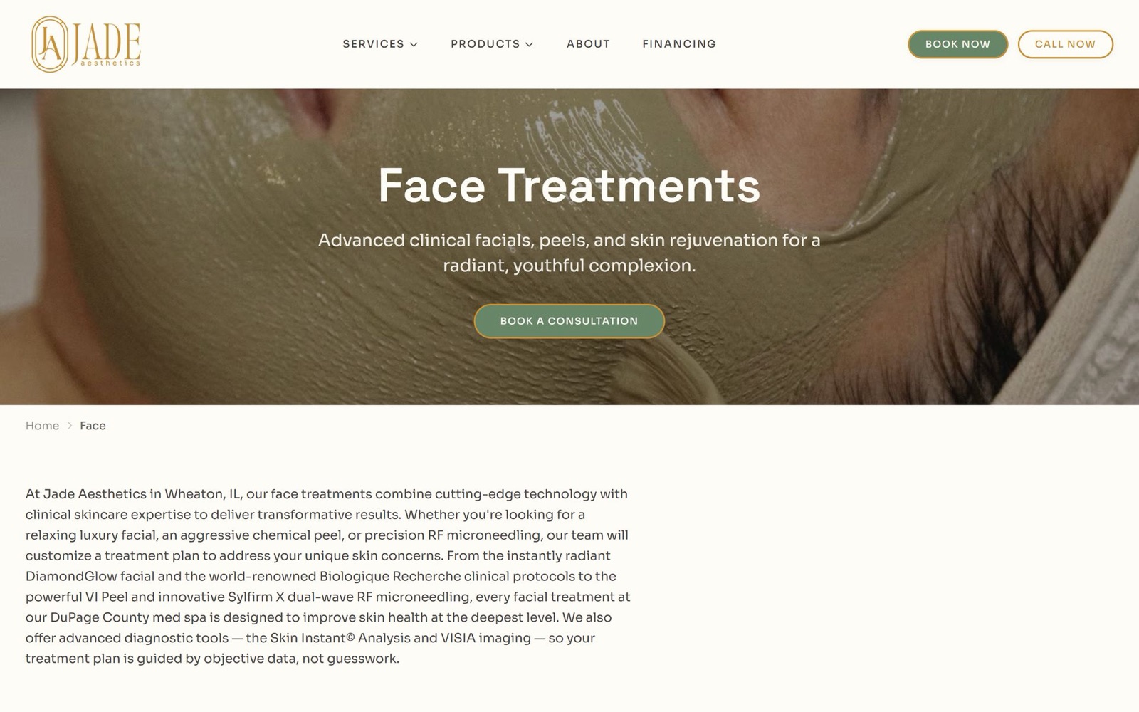 The Face Treatments category page: the headline over a facial photograph, with the breadcrumb and the introduction below