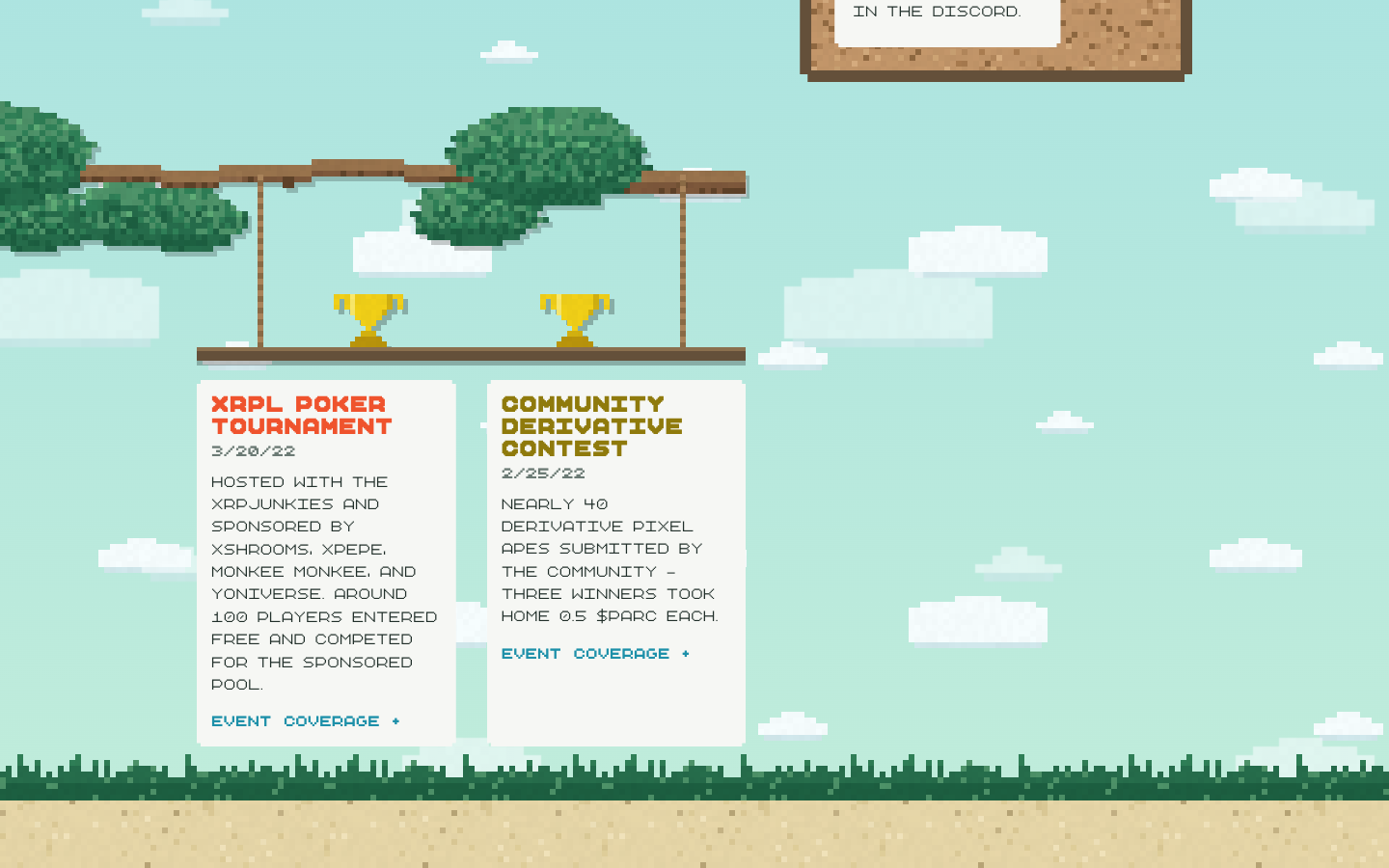parcxrpl.com Clubhouse: the last event cards above the grass and sand at the foot of the page