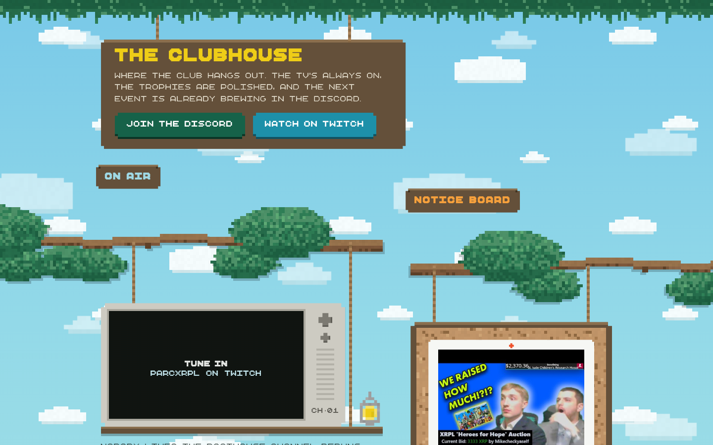 parcxrpl.com Clubhouse: the hanging sign, the TV on its branch, and the cork notice board