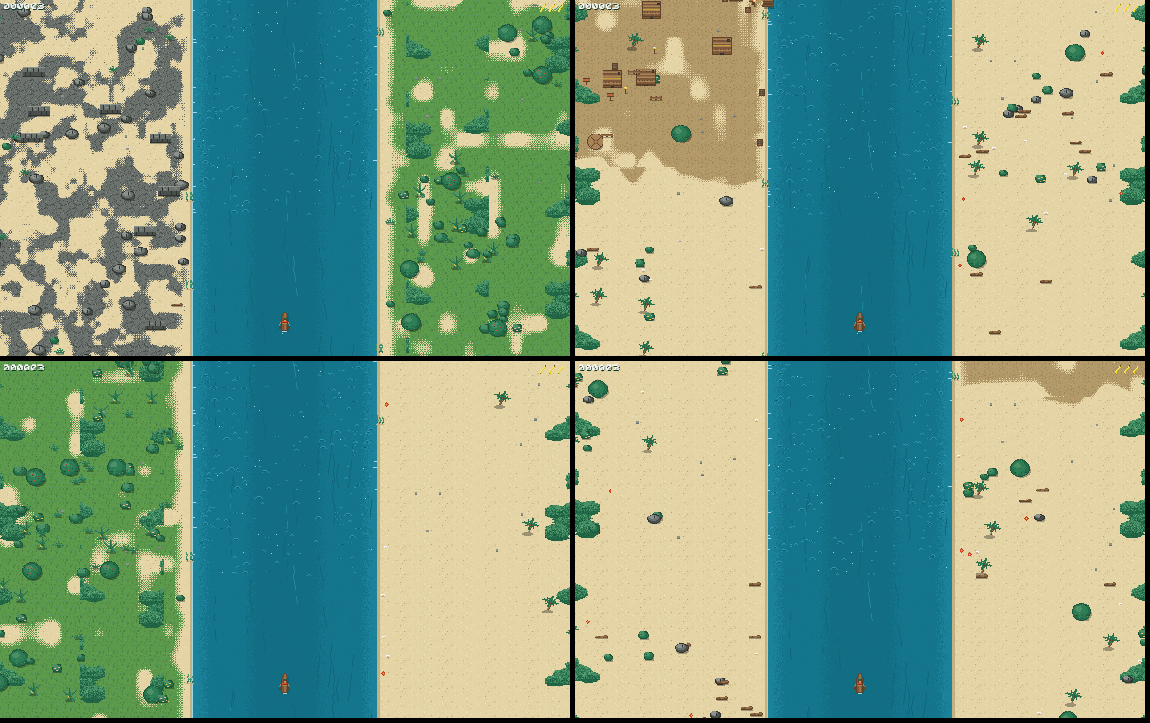 Rowboat Racer banks: rocky, village, jungle, and beach biomes with clustered props and a wandering shoreline