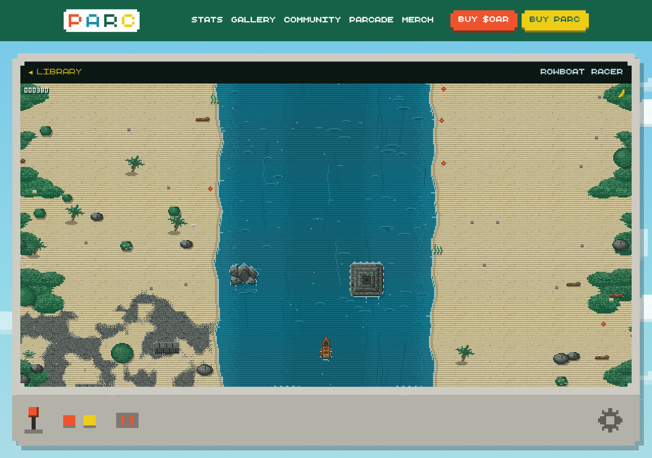 Rowboat Racer mid-run: the boat between a beach bank and a jungle bank, coins ahead, obstacles in their lanes