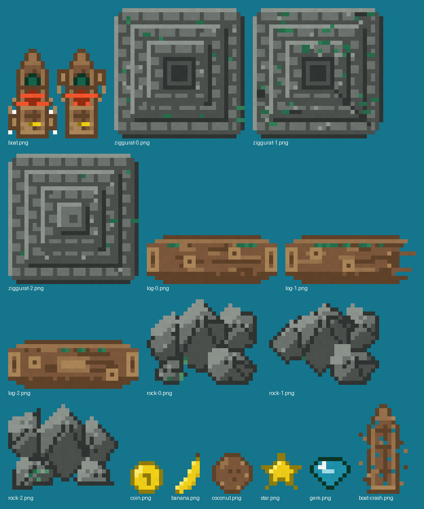 Rowboat Racer sprite sheet: the boat, obstacles, pickups, and bank props on the 3px grid