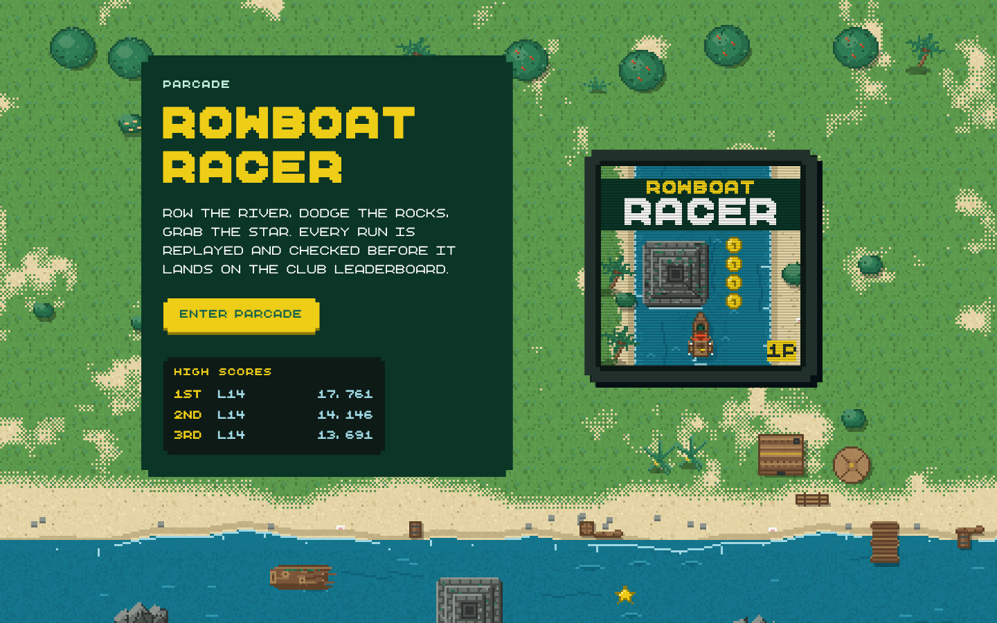 parcxrpl.com PARCade band: the Rowboat Racer cover on a CRT and live high scores over the game’s island