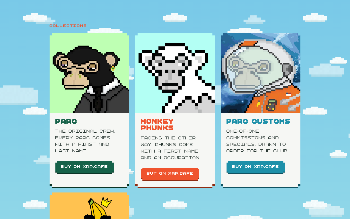 parcxrpl.com collections: PARC, Monkey Phunks, and PARC Customs as paper cards on the sky