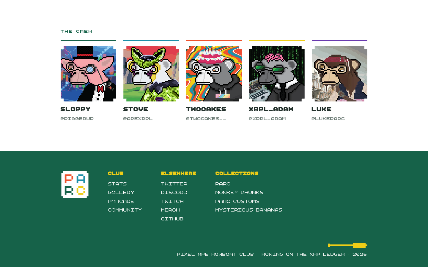 parcxrpl.com crew row: five ape avatars, each under its own color bar, above the green footer