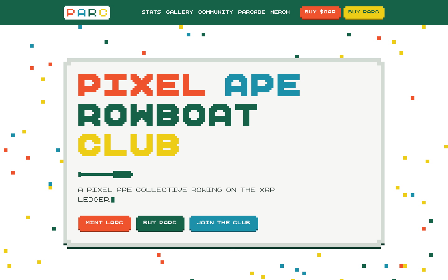 parcxrpl.com home: the Pixel Ape Rowboat Club sign on a notched paper card over the scatter texture, under the green nav