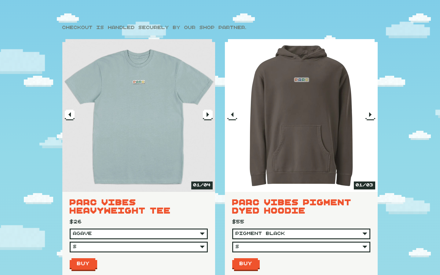 parcxrpl.com Merch: the PARC Vibes tee and hoodie as pixel product cards with carousels and dropdowns