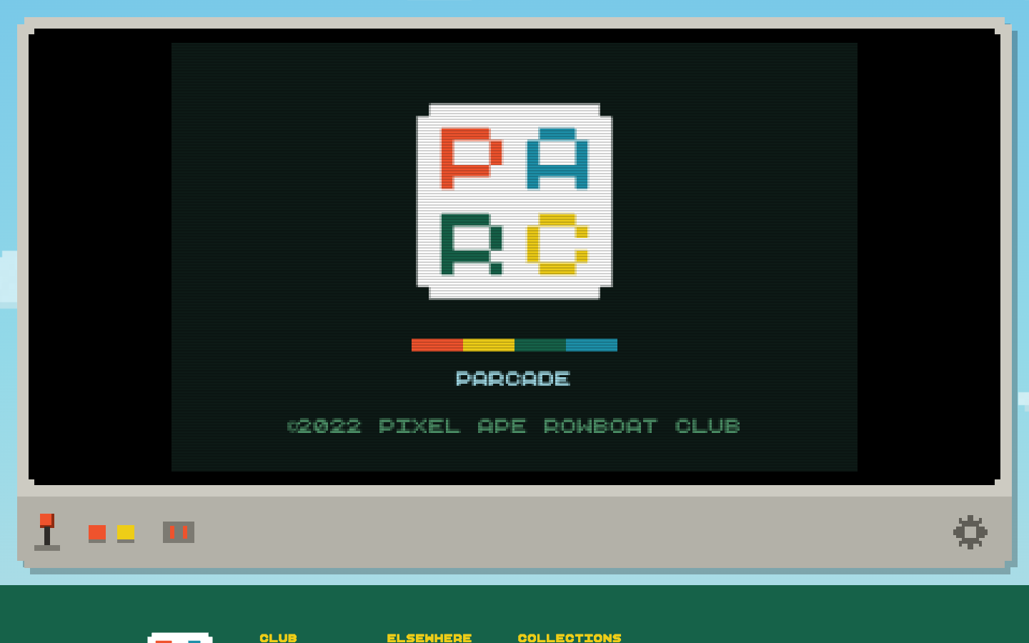 parcxrpl.com PARCade booting: the PARC badge assembling on the green CRT above the deck