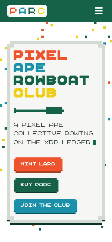 parcxrpl.com home on a phone: the hero card with stacked pixel buttons