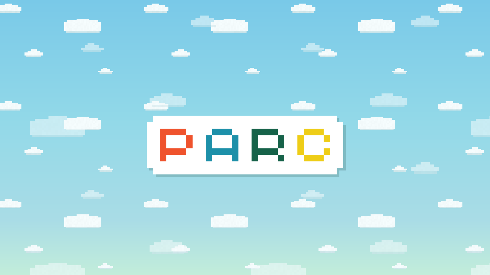PARC’s four-color pixel letters on a white sign floating in a pixel-cloud sky