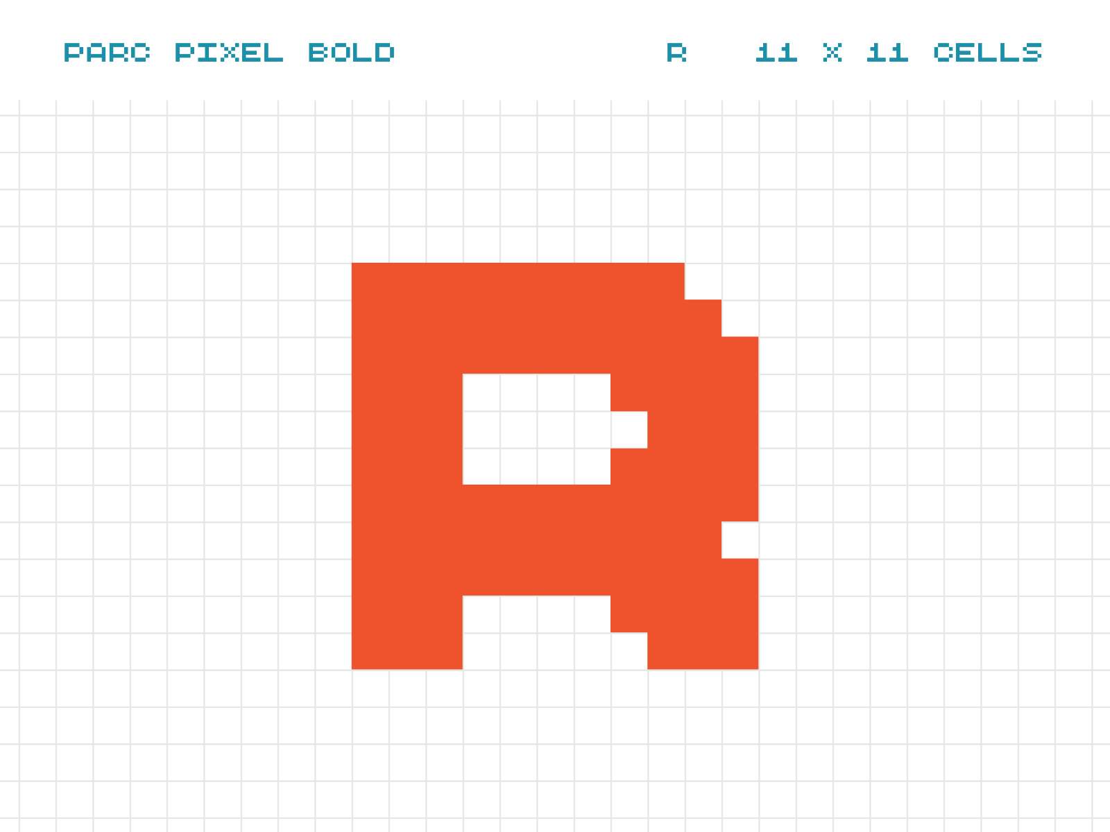 PARC Pixel specimen on white: the Bold R on its 11 by 11 cell grid