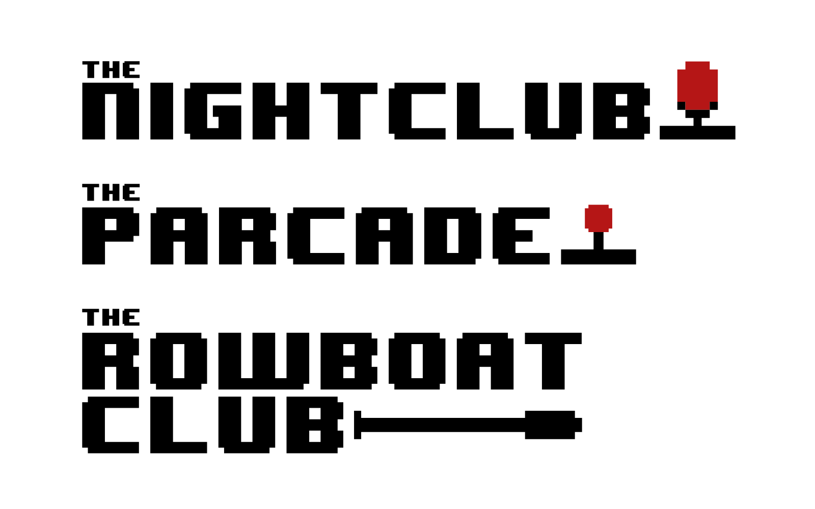 The earlier direction: three black pixel lockups on white, The Nightclub with a red microphone, The Parcade with a red joystick, and The Rowboat Club with an oar