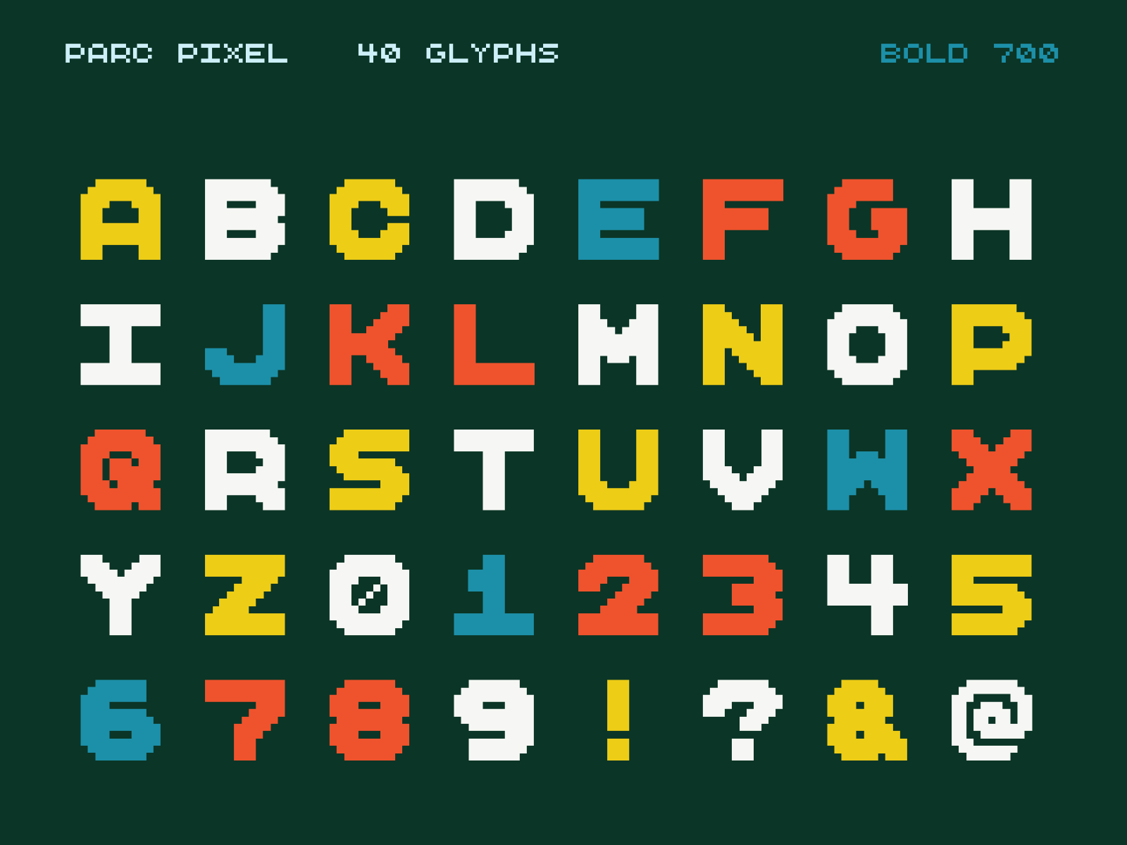 PARC Pixel Bold: 40 glyphs in a grid, one color per glyph, on the green colorway