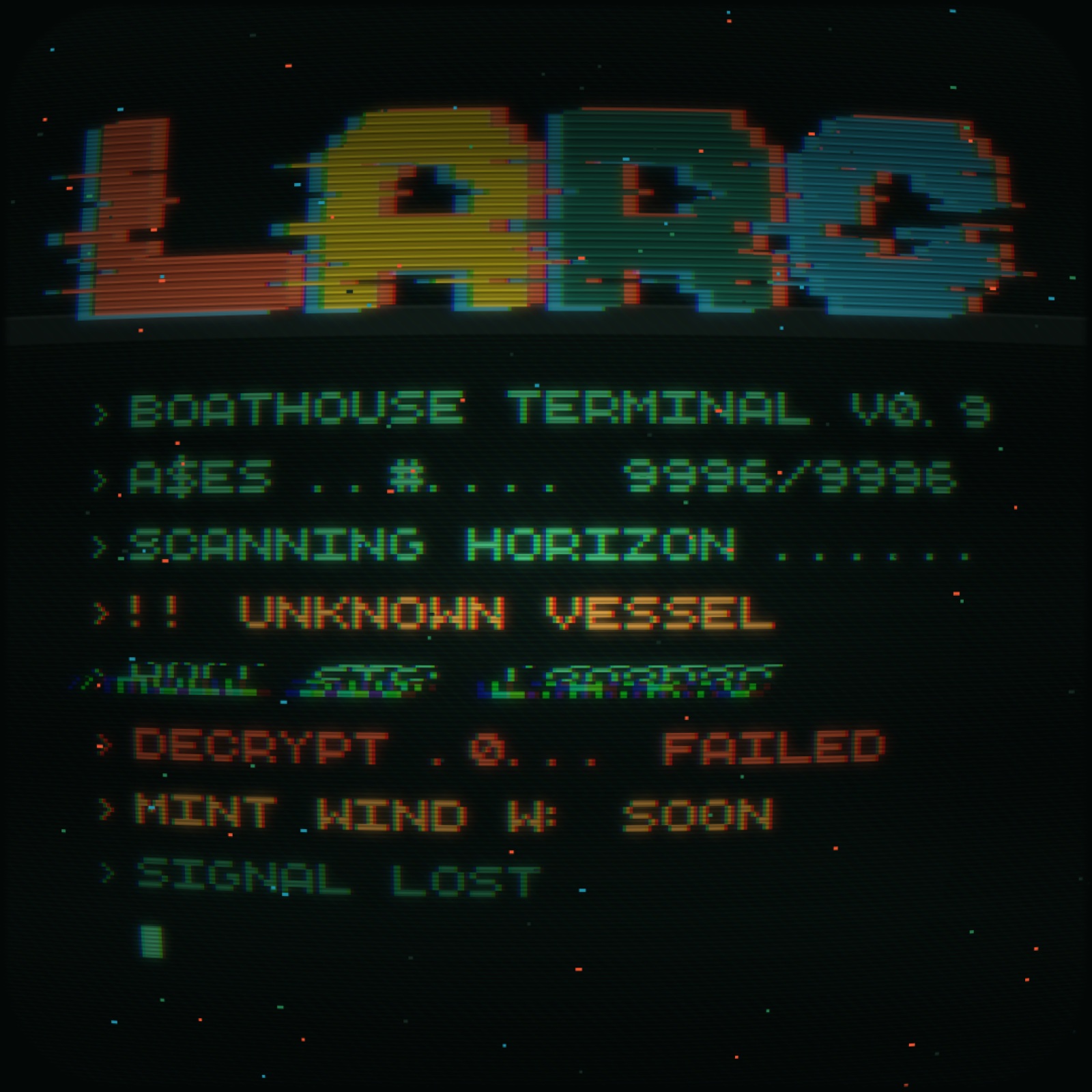 LARC teaser: glitched terminal text on black announcing the next collection