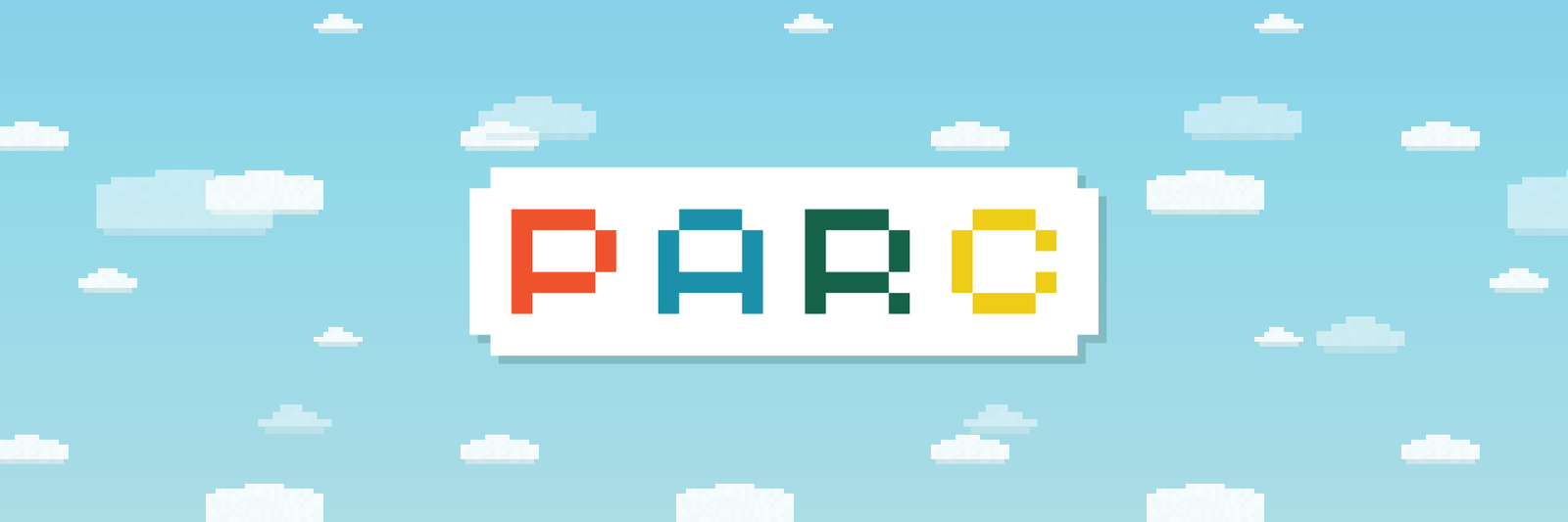 The new PARC wide logo: four-color pixel letters on the white sign, on the pixel-cloud sky