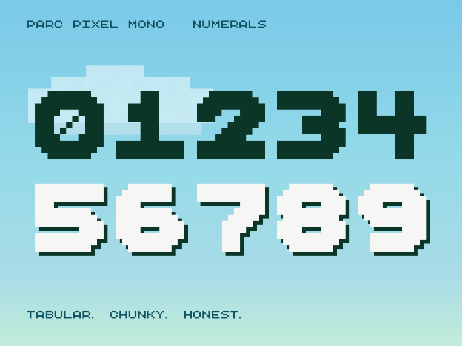 PARC Pixel Mono numerals 0 to 9 on the sky colorway