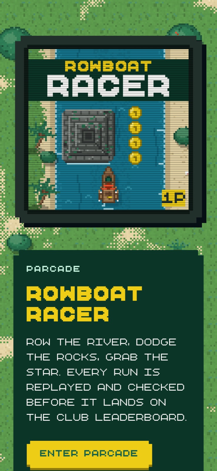 parcxrpl.com arcade band on a phone: the Rowboat Racer cover over the island