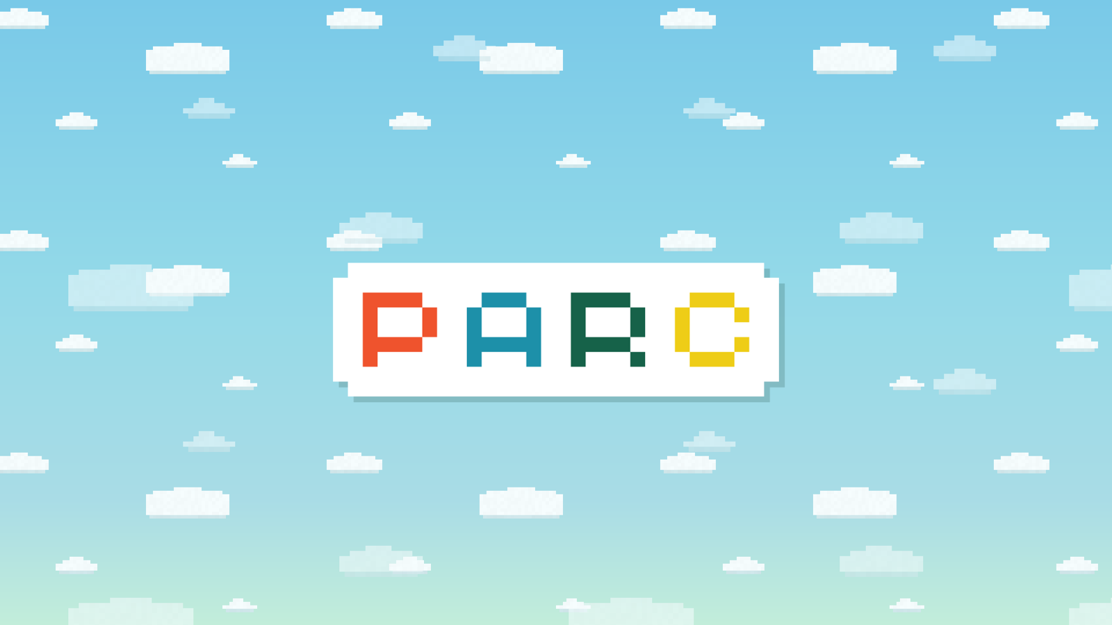 The new PARC box logo: four-color pixel letters on a white sign with notched corners, floating in a pixel-cloud sky