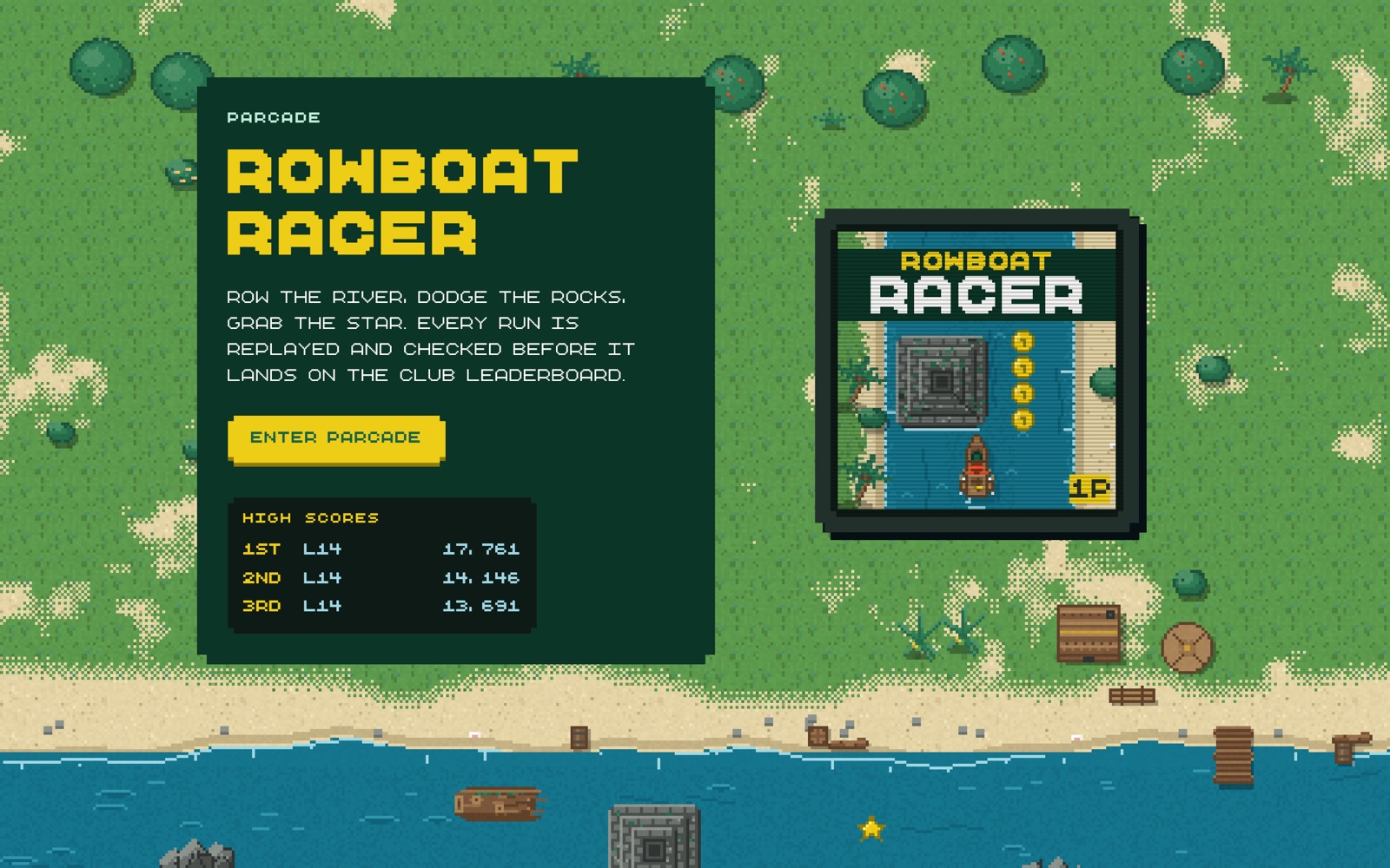 parcxrpl.com arcade band: the Rowboat Racer cover on a CRT and live high scores over the island