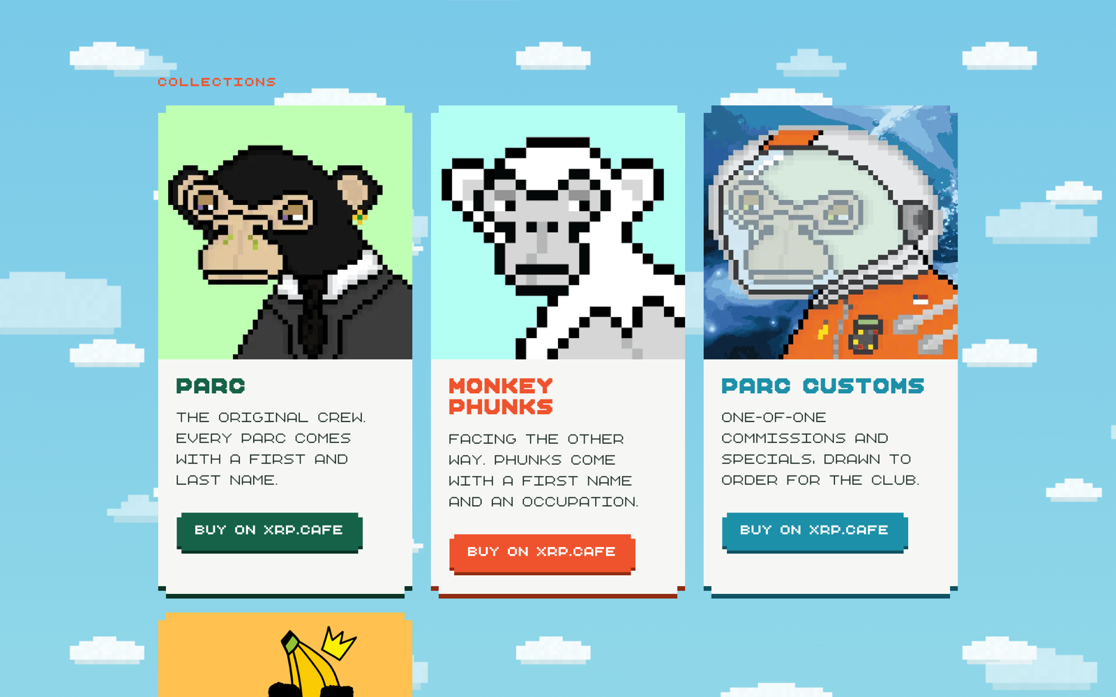 parcxrpl.com collections: PARC, Monkey Phunks, and PARC Customs cards floating on the pixel-cloud sky