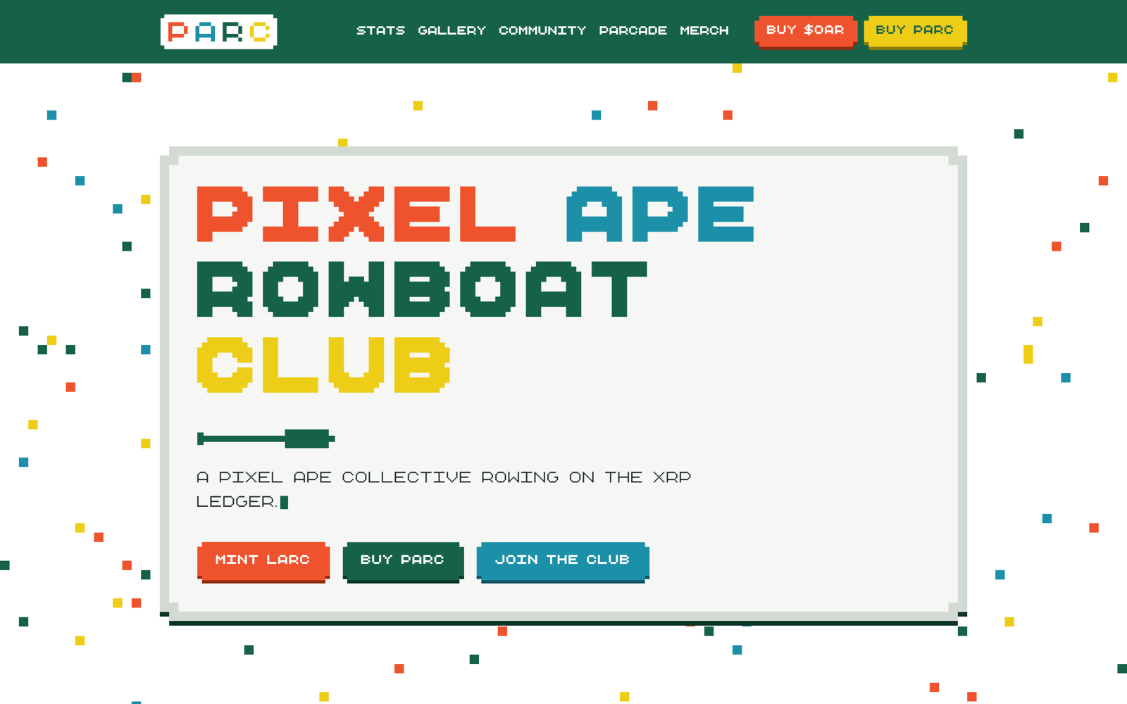 parcxrpl.com hero: Pixel Ape Rowboat Club on the notched sign over the scatter texture, with the green nav bar