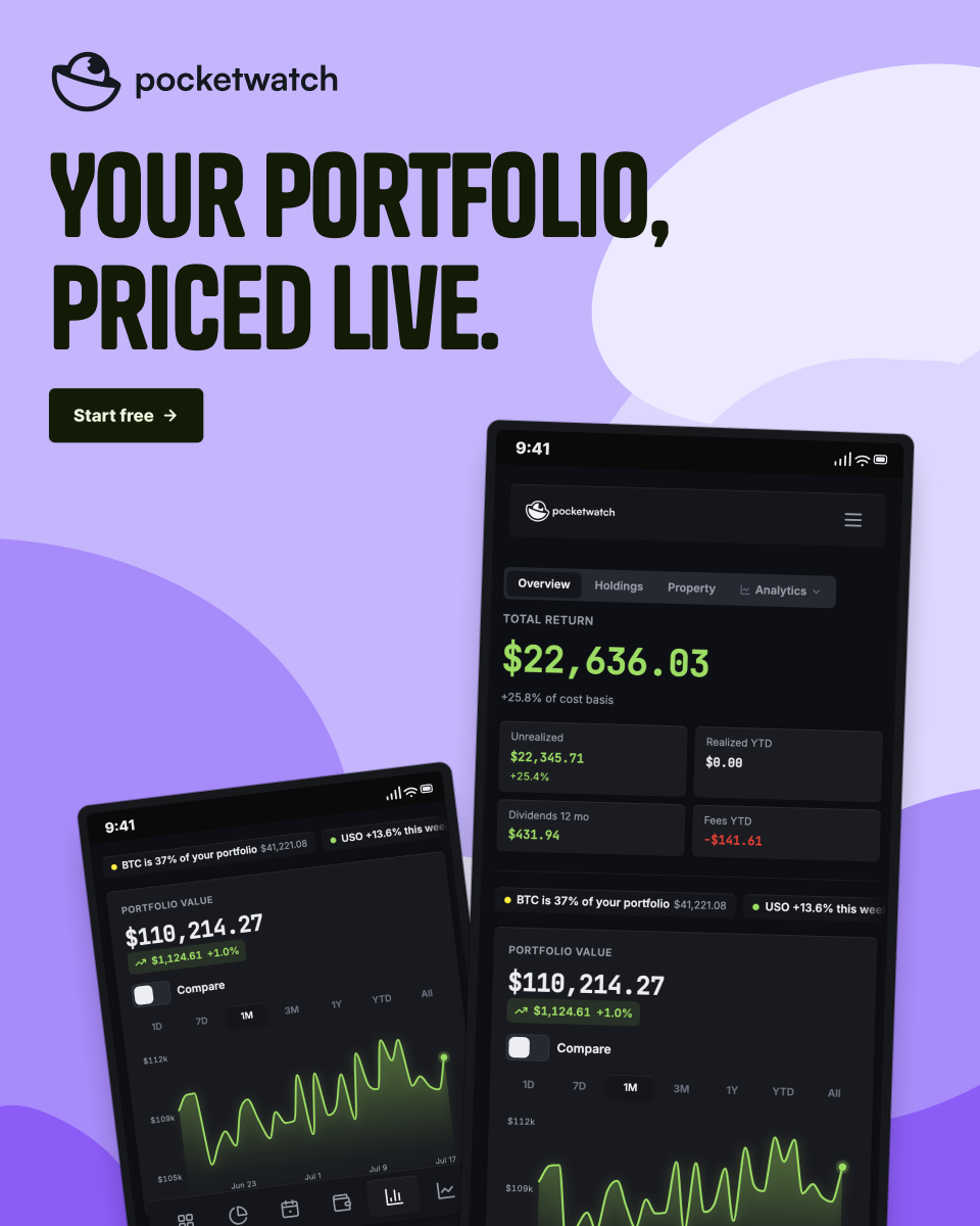 Pocketwatch campaign: your portfolio, priced live, investments on violet