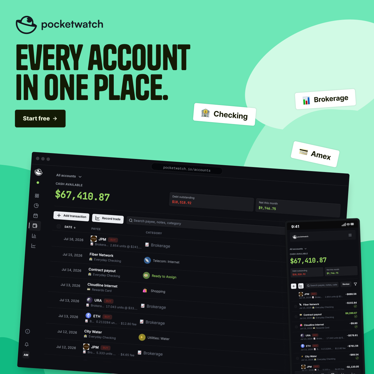 Pocketwatch campaign: every account in one place, unified ledger on mint green