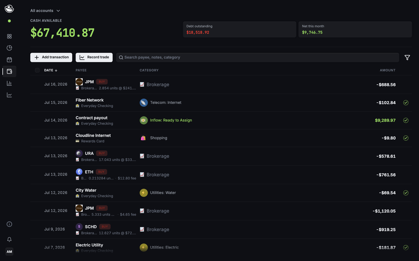 Pocketwatch accounts: one transaction ledger across cash and credit accounts