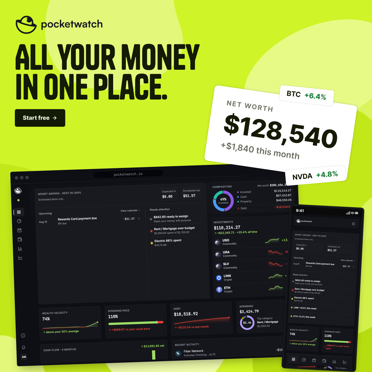 Pocketwatch: all your money in one place. Dashboard with net worth, investments, and money agenda on electric lime