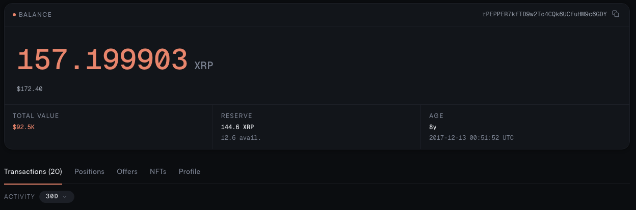 Sonde account balance card: 157.199903 XRP, total value, reserve, and age above the account tabs